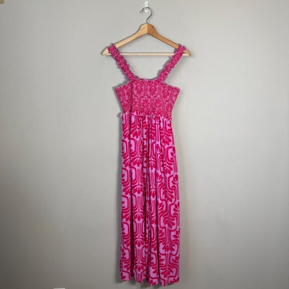 Entro Patterned Smocked Wide Leg Jumpsuit Women's Medium Pink Purple Comfy Boho - Picture 4 of 16